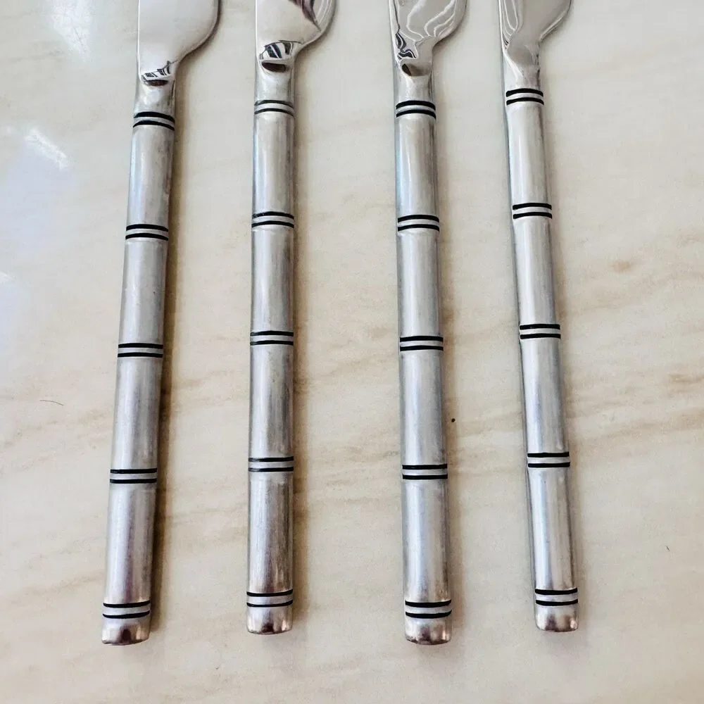 4pc Pier 1 Steak Knife 9” 18/8 Stainless Serrated Satin Ribbed/Bamboo Handle